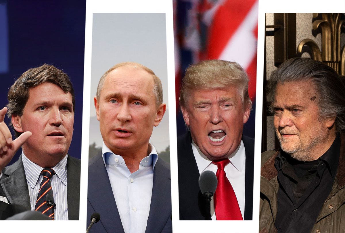 Tucker Carlson, Vladimir Putin, Donald Trump and Steve Bannon (Photo illustration by Salon/Getty Images)