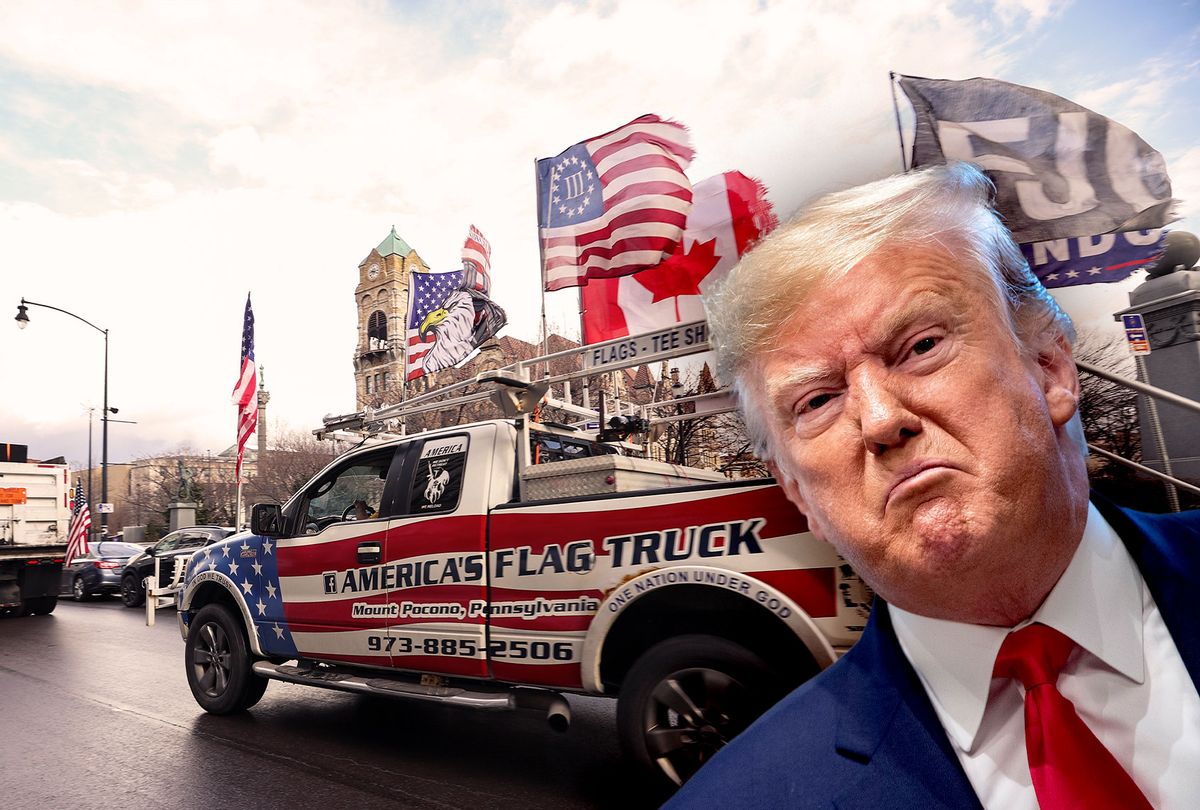 Donald Trump | A group of truck convoy headed to Washington D.C. to from Scranton, Pennsylvania, United States on February 23, 2022 to protest vaccination mandates and in solidarity for Canada. (Photo illustration by Salon/Getty Images)