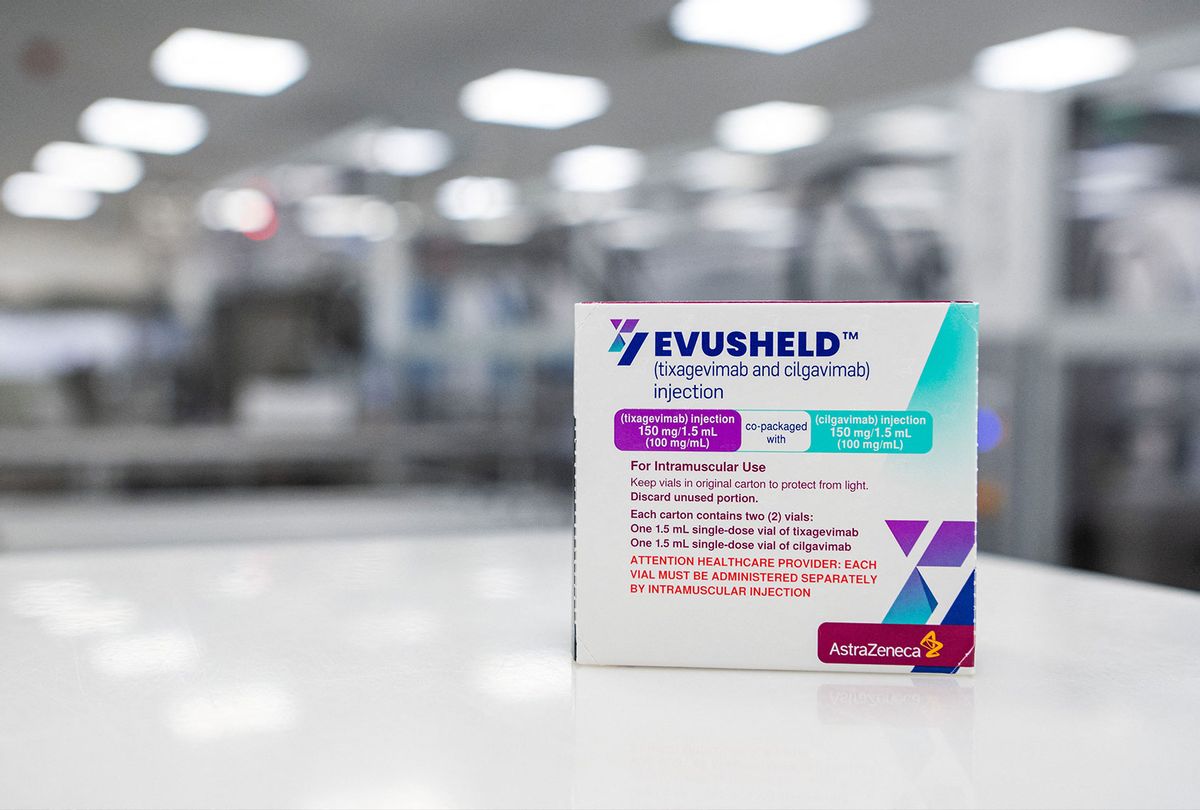 A photo taken on February 8, 2022 shows a box of Evusheld, a drug for antibody therapy developed by pharmaceutical company AstraZeneca for the prevention of COVID-19 in immunocompromised patients at the AstraZeneca facility for biological medicines in Södertälje, south of Stockholm, Sweden. - AstraZenecas new facility in Sweden located in Södertälje was inaugurated last December and is dedicated to the production of next generation biological drugs such as Evusheld, a Covid-19 preventative monoclonal antibody treatment for immunocompromised people. (JONATHAN NACKSTRAND/AFP via Getty Images)