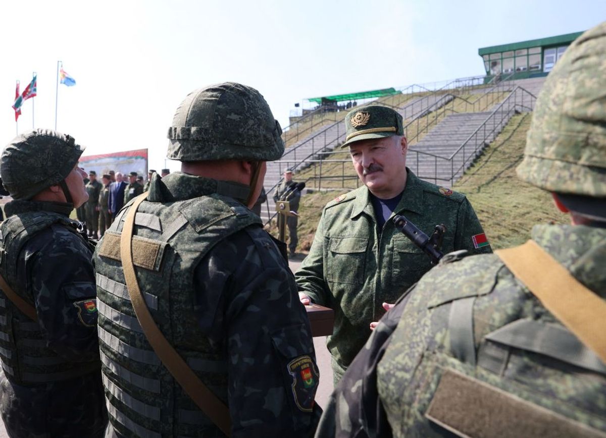 Belarus President Alexander Lukashenko greets the troops during a military drill outside Brest, on Sept. 12, 2021. (Maxim Guchek/BELTA/AFP via Getty Images)