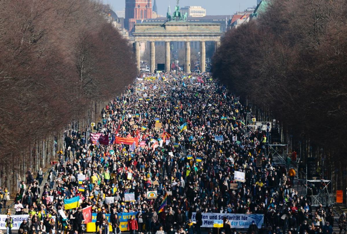 People protesting against the ongoing war in Ukraine gather on March 13 in Berlin. (Hannibal Hanschke/Getty Images)