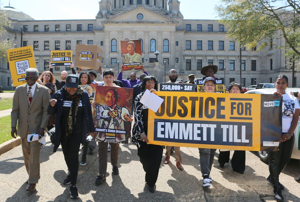 Members of the Emmett Till Legacy Foundation march from the Mississippi State Capitol building to the Walter Sillers Building to hand deliver over 300,000 signatures to Lynn Fitch. (Photo by Peter Forest/Getty Images for MoveOn & Emmett Till Legacy Foundation)