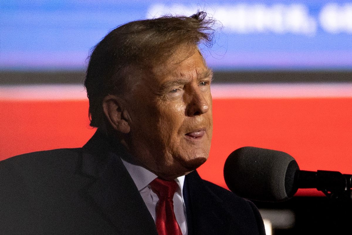 Former U.S. President Donald Trump speaks at a rally at the Banks County Dragway on March 26, 2022 in Commerce, Georgia. This event is a part of Trump's Save America Tour around the United States. (Photo by Megan Varner/Getty Images)