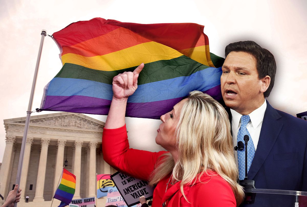 Ron DeSantis and Marjorie Taylor Greene | Demonstrators in favor of LGBT rights rally outside the US Supreme Court in Washington, DC (Photo illustration by Salon/Getty Images)