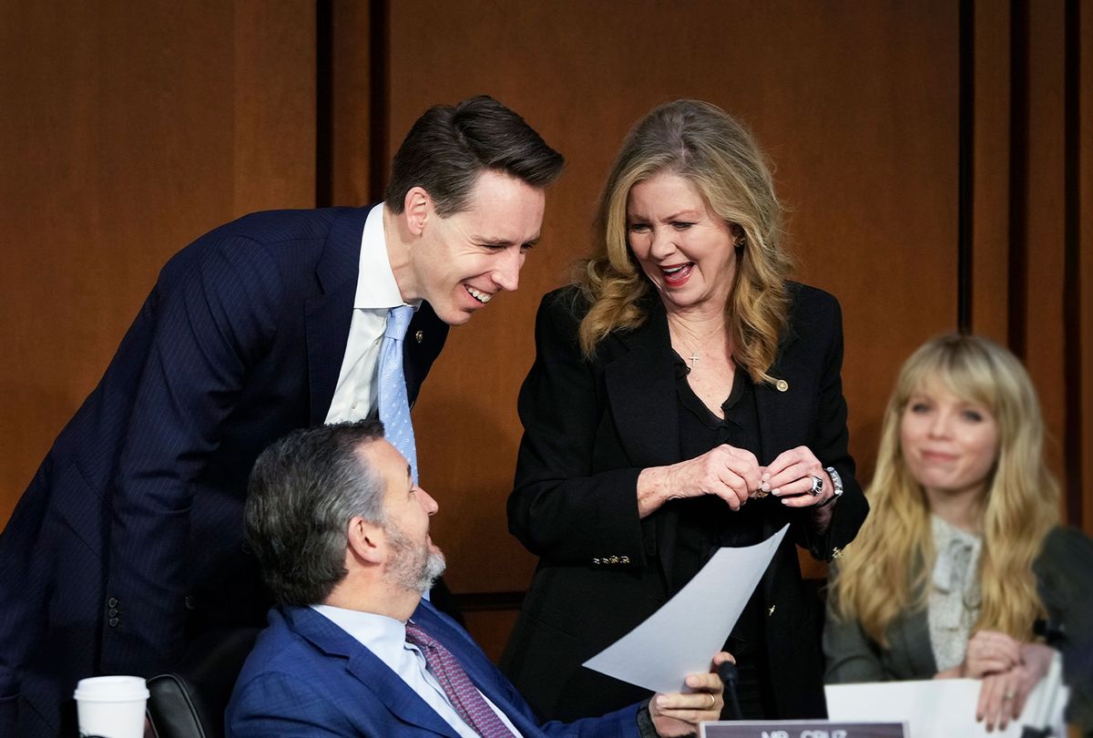 Sen. Ted Cruz (lower left) (R-TX), Sen. Josh Hawley (top left) (R-MO) and Sen. Marsha Blackburn (top right) (R-TN) confer during a break in testimony for U.S. Supreme Court nominee Judge Ketanji Brown Jackson at her Senate Judiciary Committee confirmation hearing in the Hart Senate Office Building on Capitol Hill, March 23, 2022 in Washington, DC. (Drew Angerer/Getty Images)