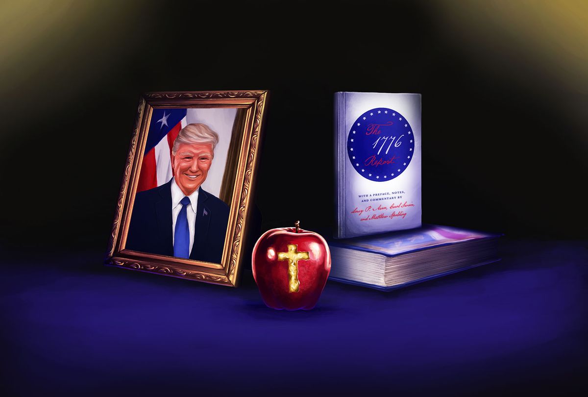 A portrait of Donald Trump, a copy of The 1776 Report, and an apple with a cross carved into it. (Illustration by Ilana Lidagoster/Salon)