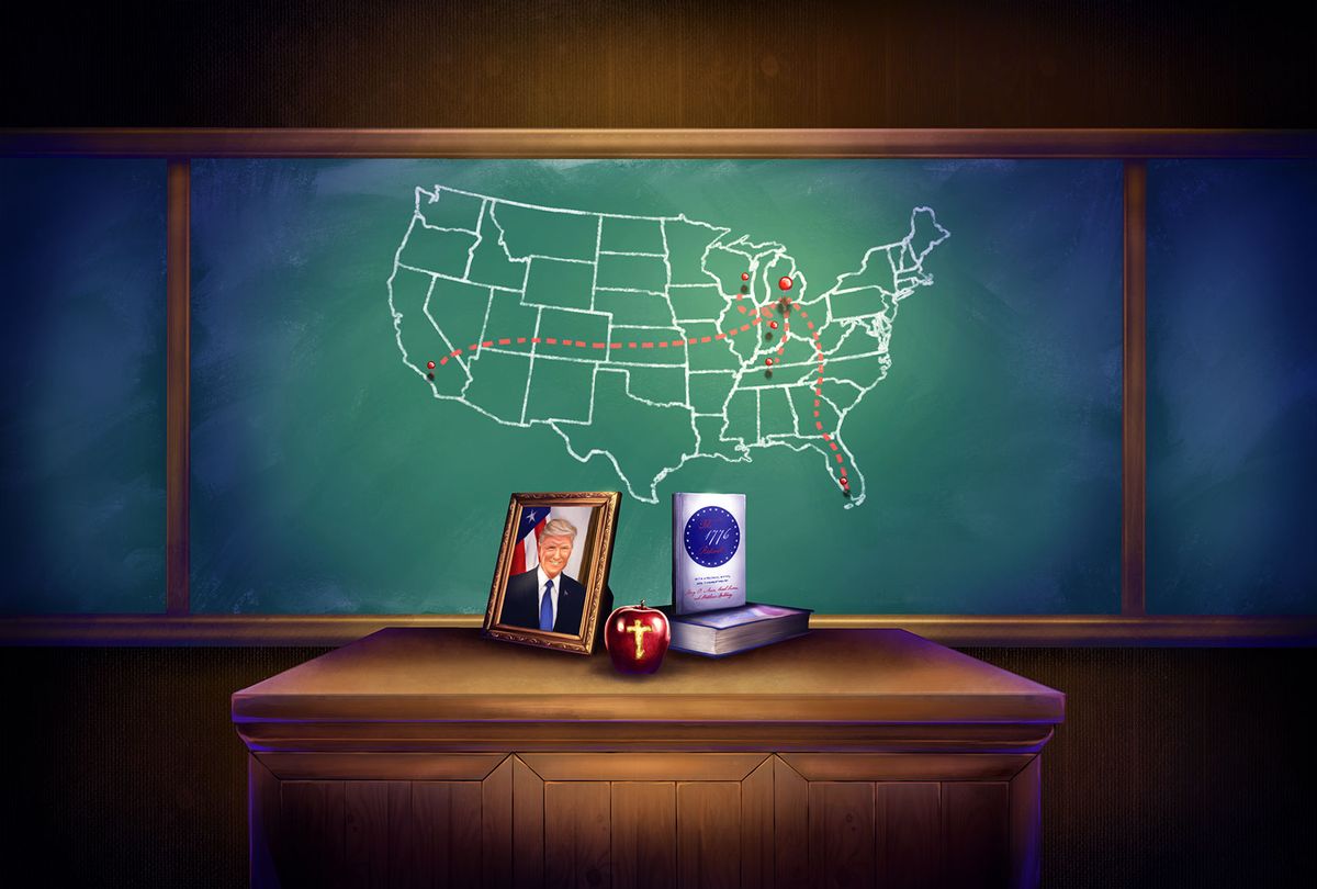 A Chalkboard with a map of the continental USA, with pins leading toward Hillsdale associated schools, and a desk with a portrait of Donald Trump, a copy of The 1766 Report, and an apple with a cross carved into it. (Illustration by Ilana Lidagoster/Salon)
