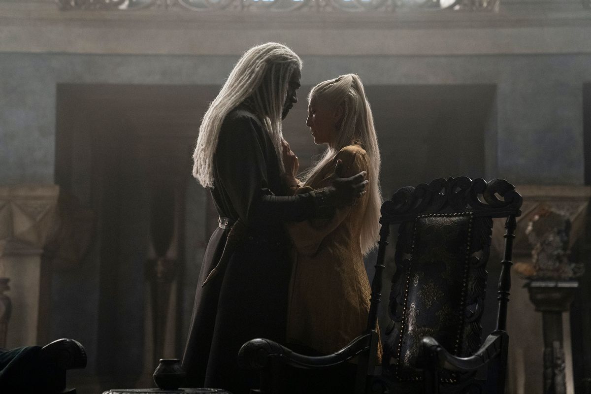 Steve Toussaint as Lord Corlys Velaryon and Eve Best as Princess Rhaenys Targaryen in "House of the Dragon" (Photograph by Ollie Upton/HBO)
