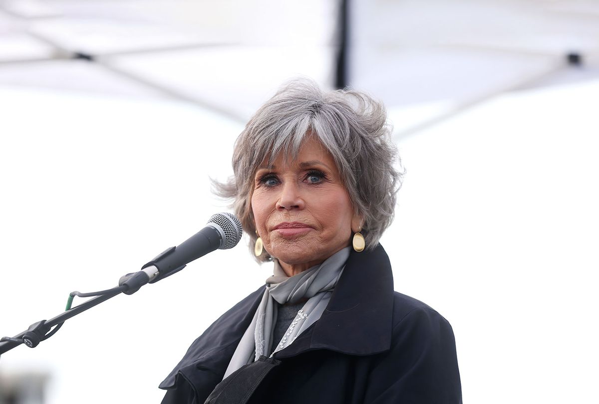 Actress Jane Fonda joins "Social Compassion in Legislation" for a press conference to end offshore drilling at Main Beach on October 18, 2021 in Laguna Beach, California. (Phillip Faraone/Getty Images)