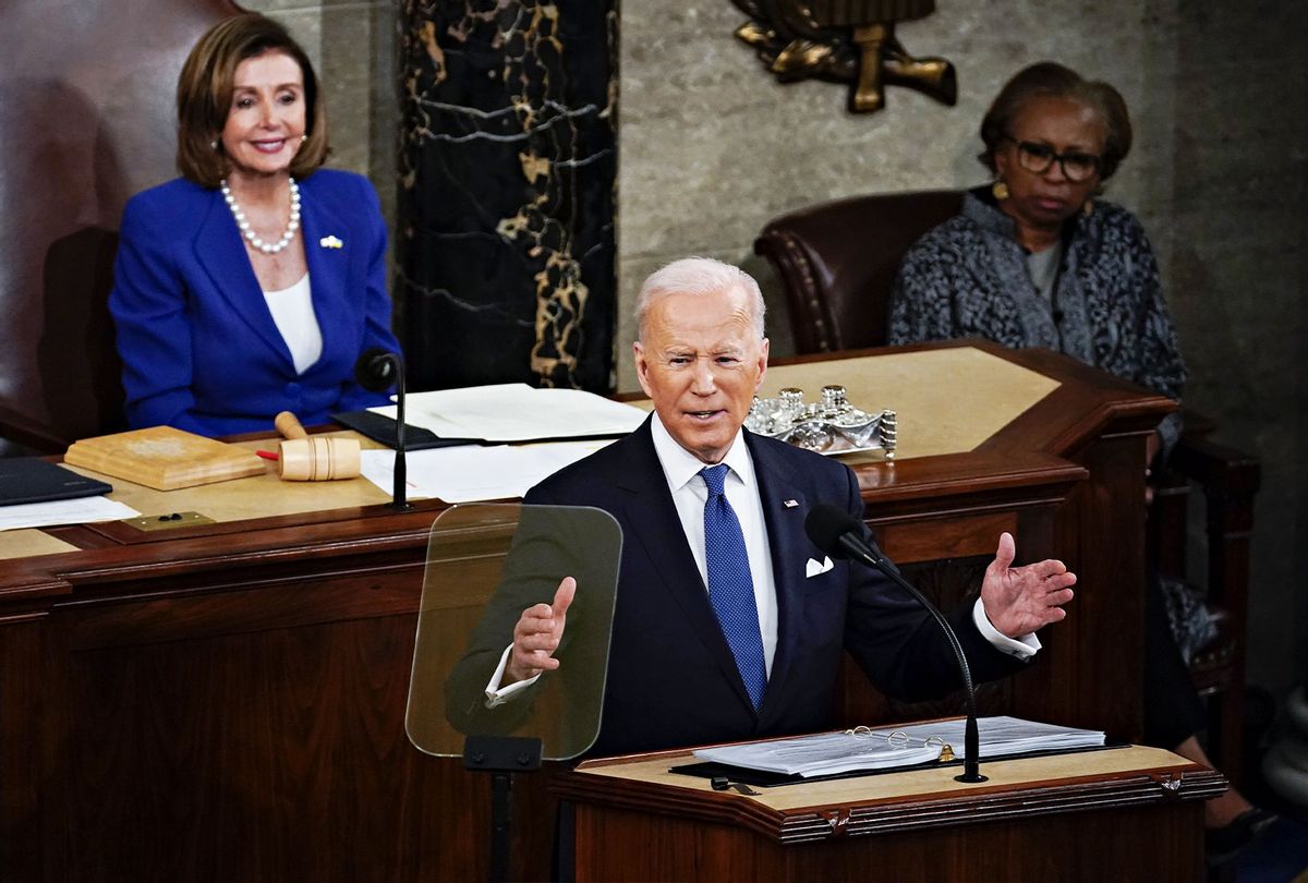 U.S. President Joe Biden delivers the State of the Union address during a joint session of Congress in the U.S. Capitol’s House Chamber on March 01, 2022 in Washington, DC. During his first State of the Union address, Biden spoke on his administration’s efforts to lead a global response to the Russian invasion of Ukraine, efforts to curb inflation and bringing the country out of the COVID-19 pandemic. (Al Drago-Pool/Getty Images)