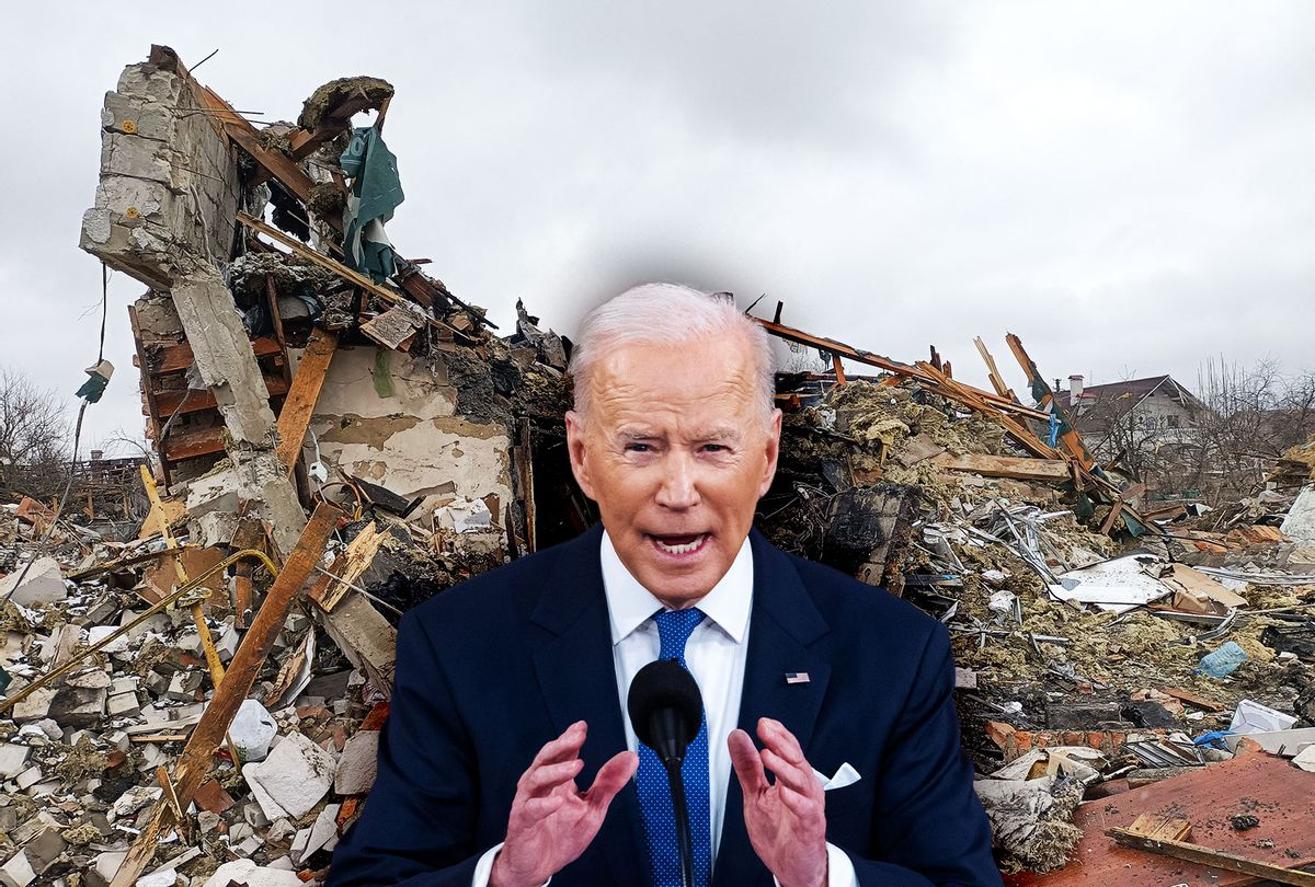Joe Biden | Rubble in Zhytomyr on March 02, 2022, following a Russian bombing the day before (Photo illustration by Salon/Getty Images)