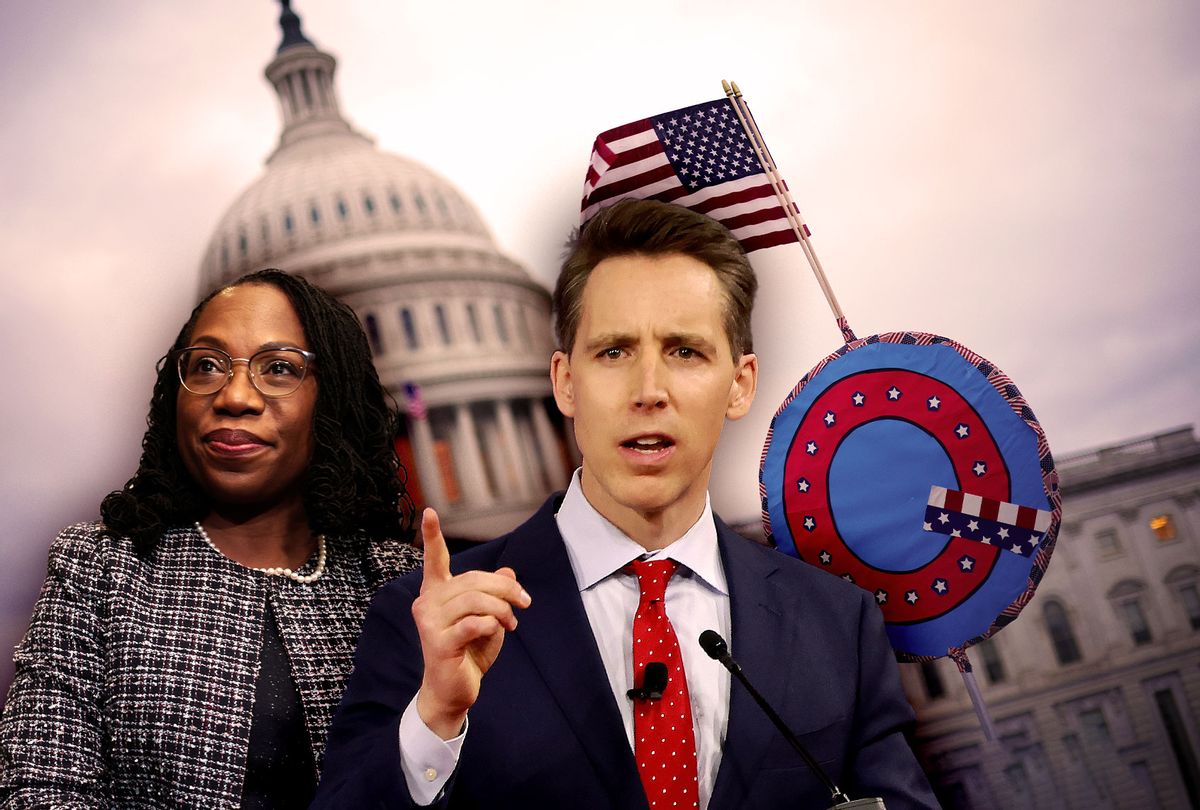 Supreme Court nominee Ketanji Brown Jackson, U.S. Sen. Josh Hawley (R-MO) and a QAnon sign in fron of the U.S. Capitol (Photo illustration by Salon/Getty Images)