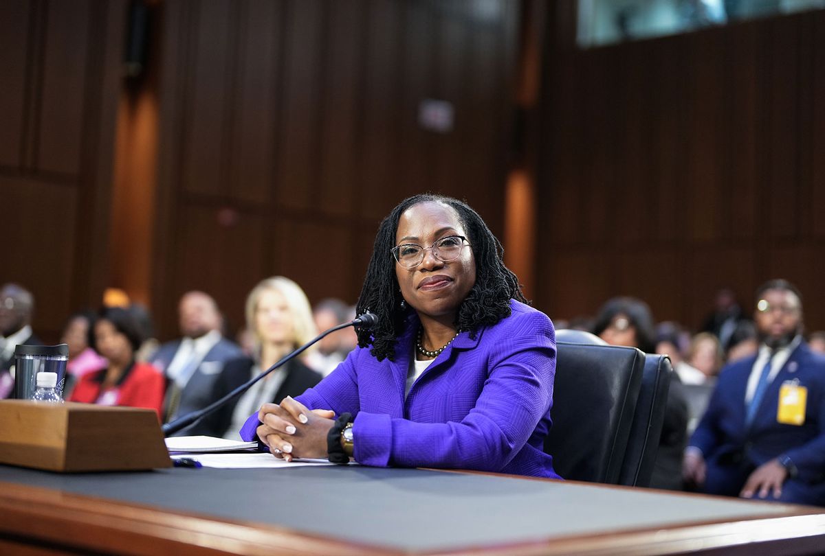 Supreme Court nominee Judge Ketanji Brown Jackson, photographed during her Senate Judiciary Committee confirmation hearing on Capitol Hill on Monday, Mar. 21, 2022 in Washington, DC. Judge Jackson was picked by President Biden to be the first Black woman in United States history to serve on the nation's highest court to succeed Supreme Court Associate Justice Stephen Breyer who is retiring. (Kent Nishimura / Los Angeles Times via Getty Images)