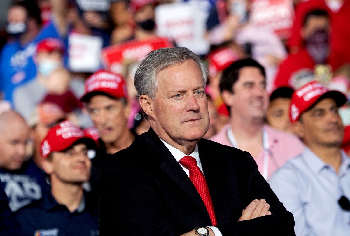 Mark Meadows listens as US President Donald Trump holds a Make America Great Again rally as he campaigns in Gastonia, North Carolina, October 21, 2020. (SAUL LOEB/AFP via Getty Images)