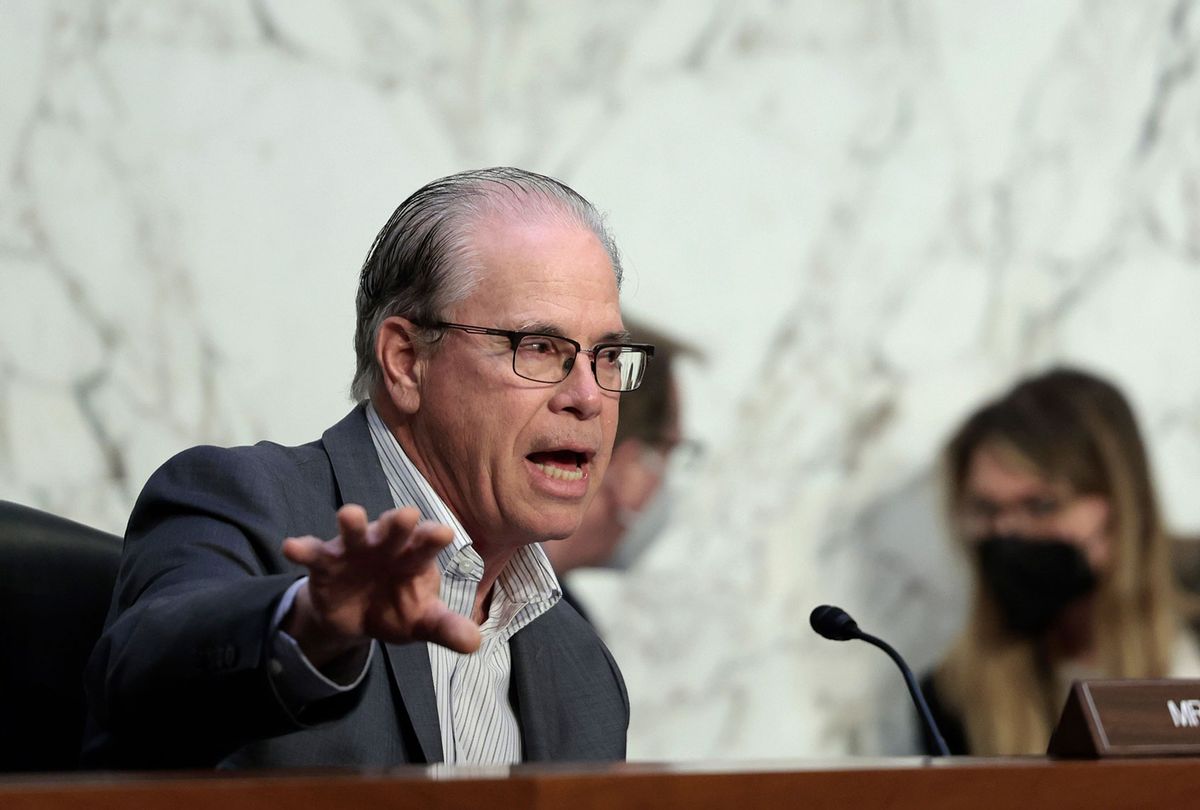 Sen. Mike Braun (R-IN) speaks during a Senate Budget Committee hearing in the Hart Senate Office building on February 17, 2022 in Washington, DC. The committee heard testimony about Warrior Met Coal’s ongoing miner strike which has lasted since April 2021 over demands for better pay and benefits. (Photo by (Anna Moneymaker/Getty Images)
