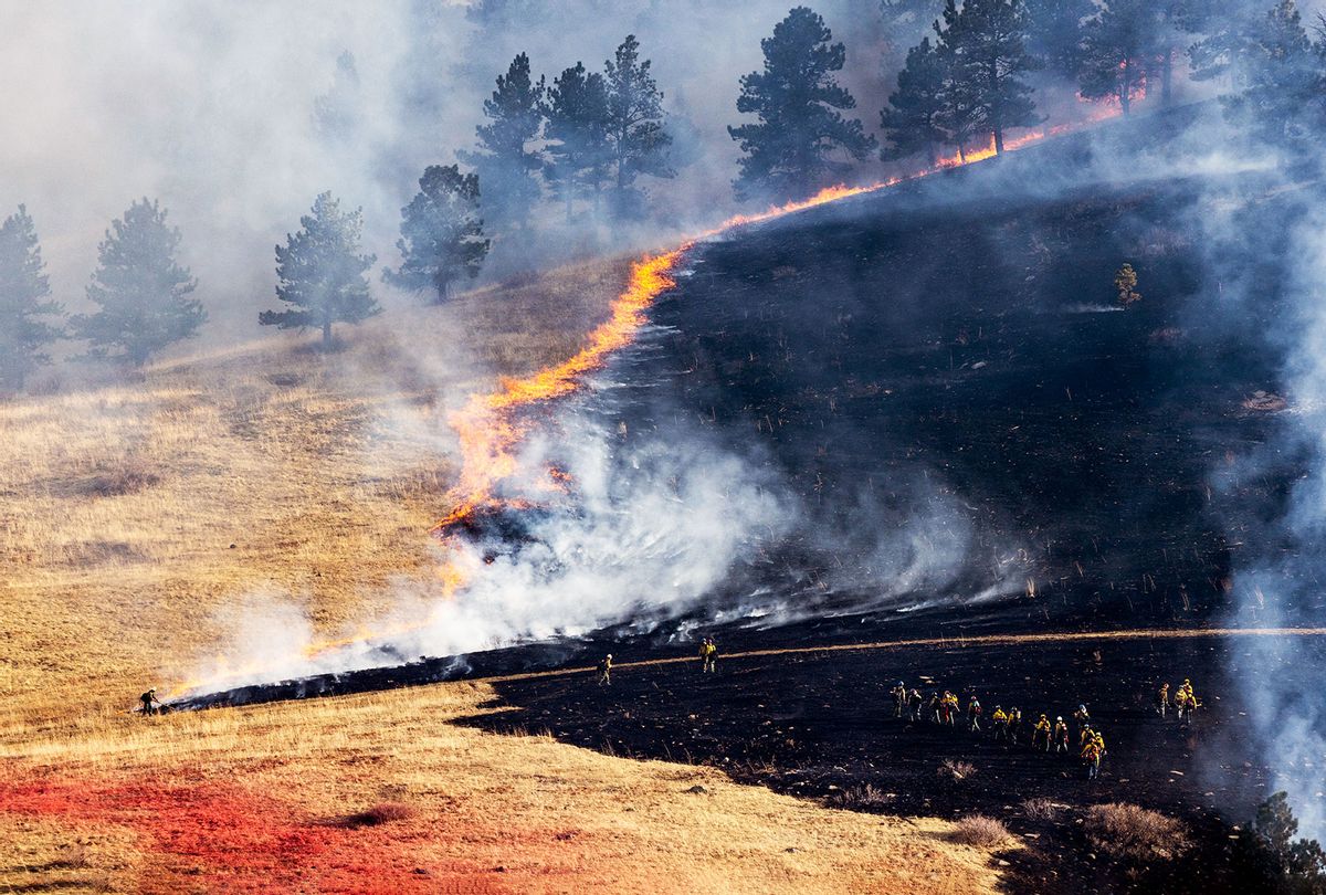 Firefighters battle the NCAR Fire on March 26, 2022 in Boulder, Colorado. The wildfire, which has forced almost 20,000 people to evacuate their homes, started just a few miles away from where the Marshall Fire destroyed more than 1,000 homes in December.  (Michael Ciaglo/Getty Images)