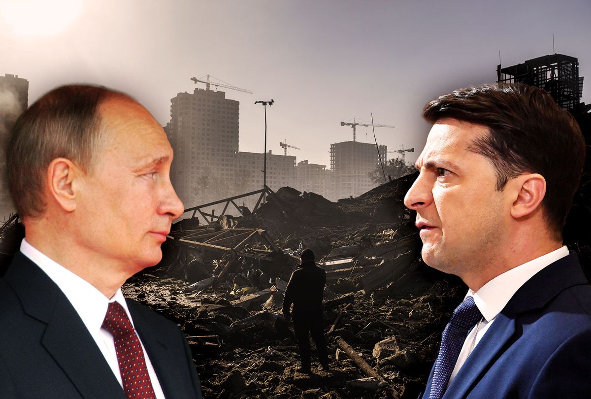 Russian President Vladimir Putin and Ukrainian President Volodymyr Zelenskyy | A view of destruction at site after Russian attacks struck a shopping mall, in Kyiv, Ukraine on March 21, 2022. (Photo illustration by Salon/Getty Images)