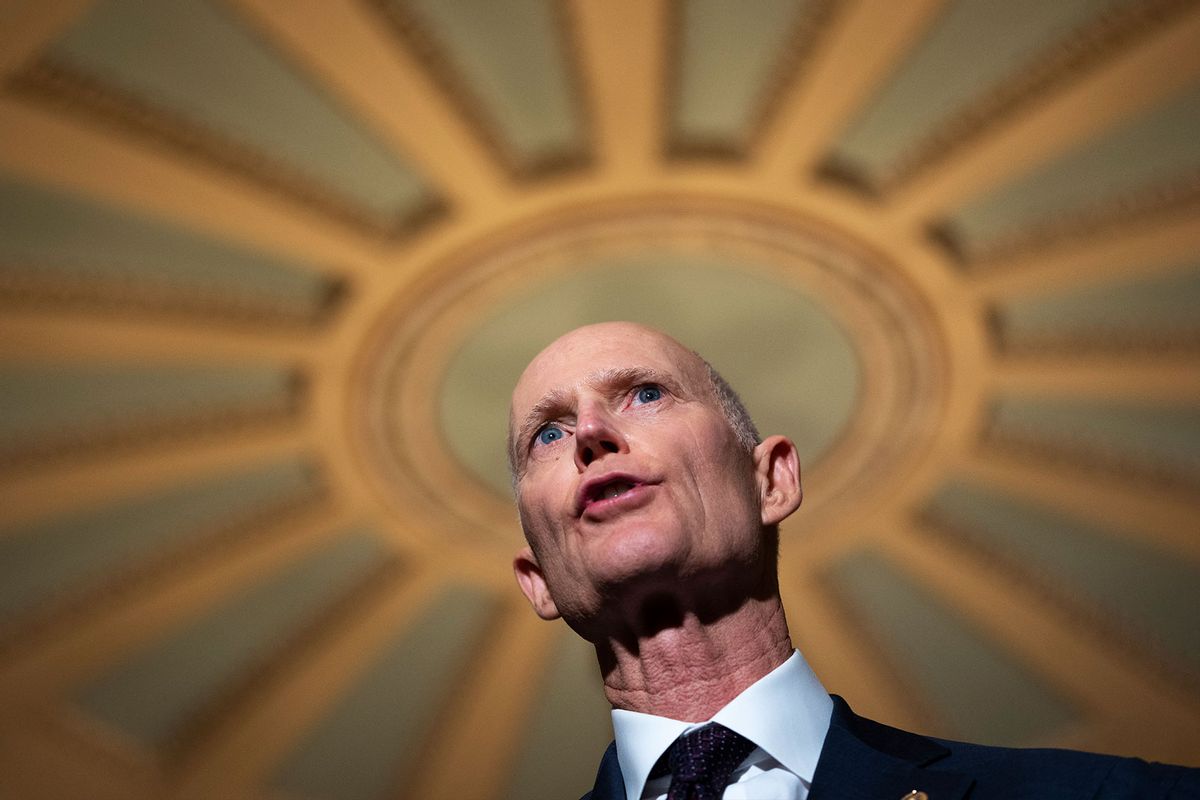 Sen. Rick Scott (R-FL) speaks to reporters following a lunch meeting with Senate Republicans at the U.S. Capitol March 22, 2022 in Washington, DC. (Drew Angerer/Getty Images)