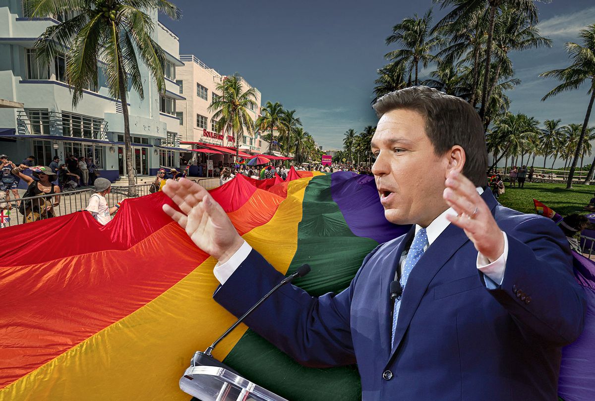 Florida Gov. Ron DeSantis | A huge multi-colored flag flies over Ocean Drive as people participate in the Pride Parade, during the Miami Beach Pride Festival, in Lummus Park, South Beach, Florida on September 19, 2021. (Photo illustration by Salon/Getty Images)