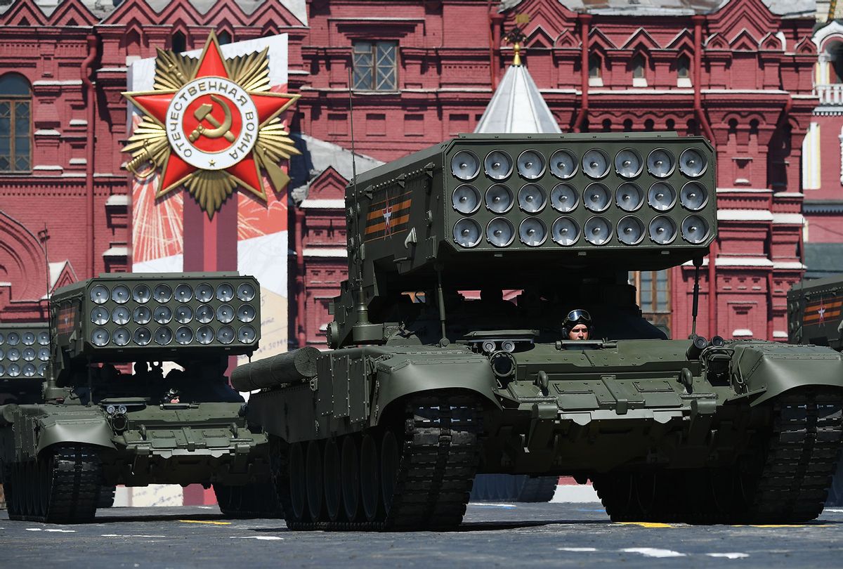 TOS-1A Solntsepyok (Blazing Sun) multiple thermobaric rocket launchers during the Victory Day military parade in Red Square marking the 75th anniversary of the victory in World War II, on June 24, 2020 in Moscow, Russia. The 75th-anniversary marks the end of the Great Patriotic War when the Nazi's capitulated to the then Soviet Union. (Ramil Sitdikov - Host Photo Agency via Getty Images)