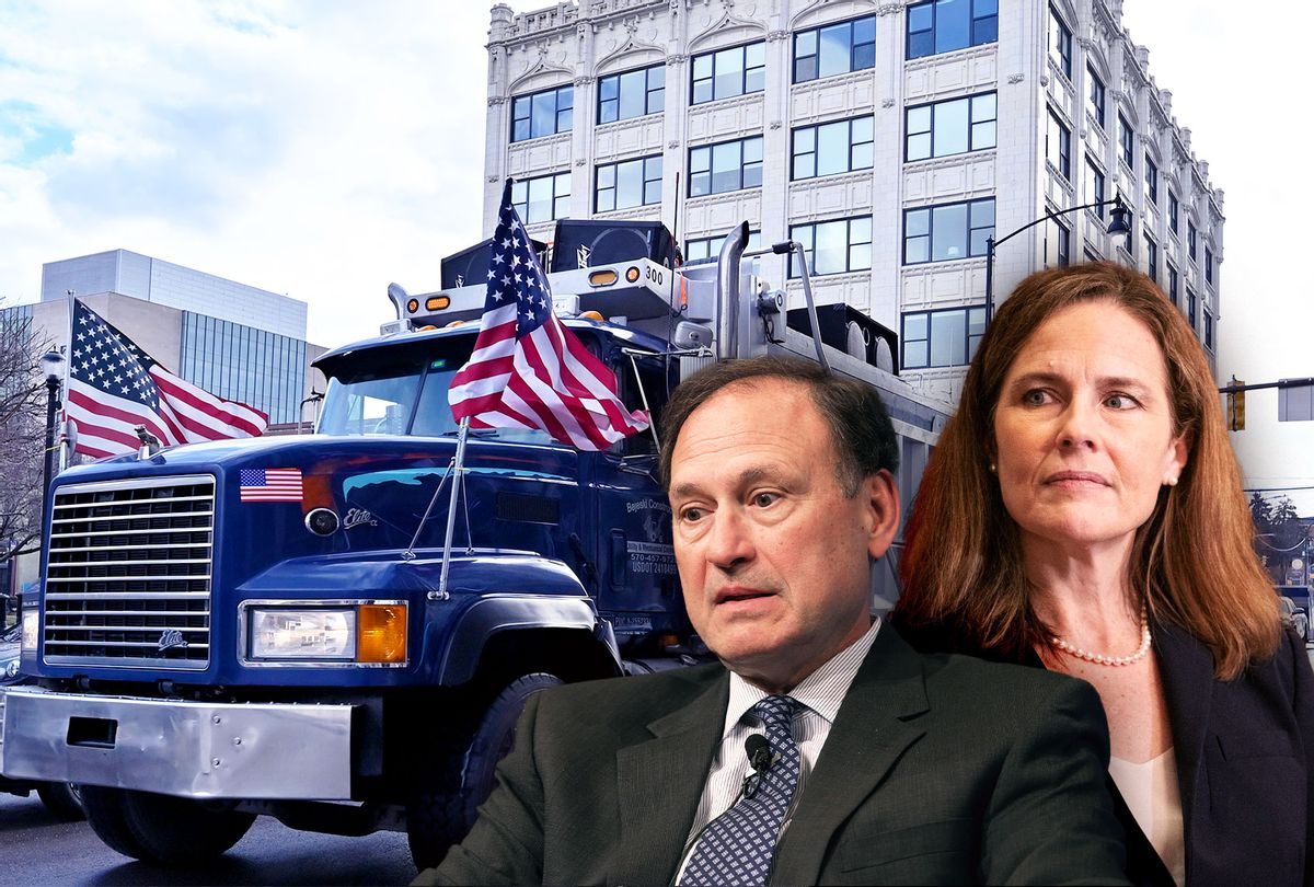 US Supreme Court Justices Samuel Alito and Amy Coney Barrett | Truck Convoy heading to Washington, D.C. (Photo illustration by Salon/Getty Images)