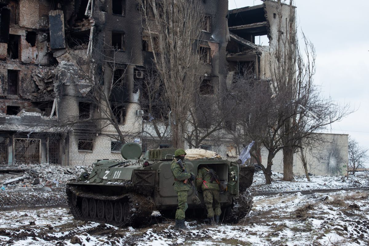 Members of Pro-Russian separatists patrol the pro-Russian separatists-controlled Donetsk, Ukraine on March 11, 2022. (Stringer/Anadolu Agency via Getty Images)