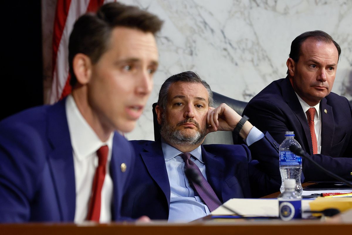 Sen. Ted Cruz (R-TX) (C) and Sen. Mike Lee (R-UT) (R) watch as Sen. Josh Hawley (R-MO) (L) questions U.S. Supreme Court nominee Judge Ketanji Brown Jackson during her Senate Judiciary Committee confirmation hearing in the Hart Senate Office Building on Capitol Hill, March 22, 2022 in Washington, DC. Judge Ketanji Brown Jackson, President Joe Biden’s pick to replace retiring Justice Stephen Breyer on the U.S. Supreme Court, would become the first Black woman to serve on the Supreme Court if confirmed. (Chip Somodevilla/Getty Images)