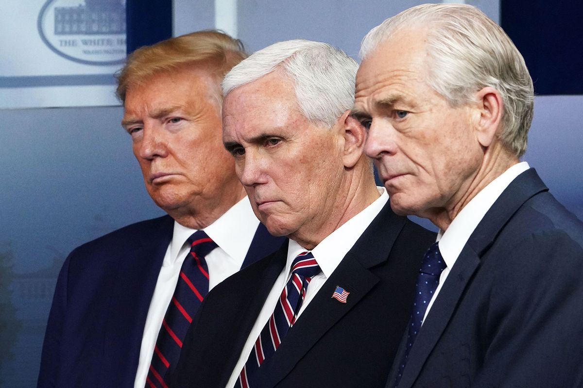 US President Donald Trump, US Vice President Mike Pence and Director of Trade and Manufacturing Policy Peter Navarro in the Brady Briefing Room at the White House on April 2, 2020, in Washington, DC. (MANDEL NGAN/AFP via Getty Images)