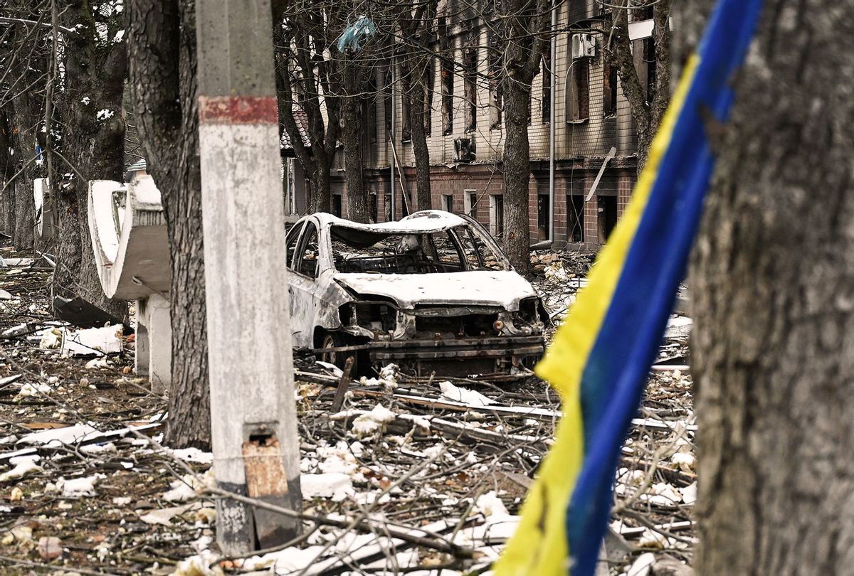 The view of military facility which was destroyed by recent shelling in the city of Brovary outside Kyiv on March 1, 2022. - Russian troops will carry out an attack on the infrastructure of Ukraine's security services in Kyiv and urged residents living nearby to leave, the defence ministry said on March 1, 2022. (GENYA SAVILOV/AFP via Getty Images)