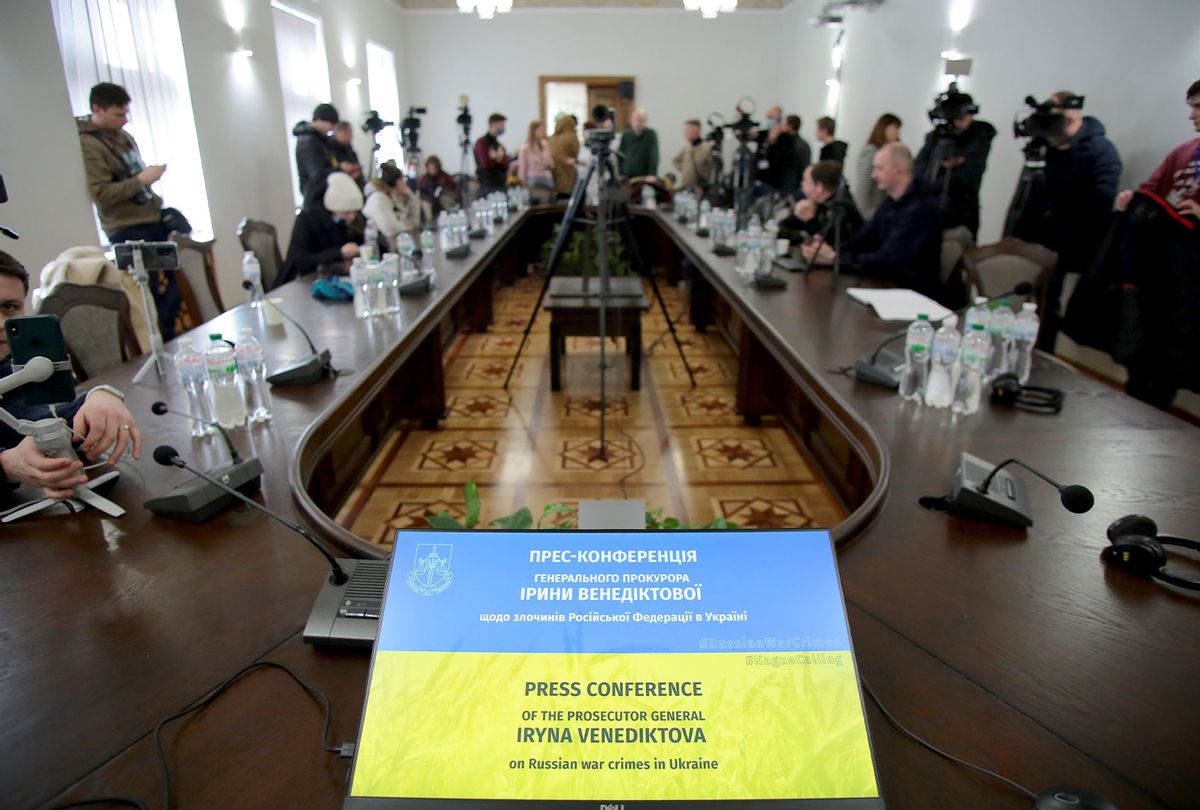 Journalists are pictured during the press conference of Prosecutor General of Ukraine Iryna Venediktova "On the crimes of the Russian Federation in Ukraine", Lviv, western Ukraine (Alyona Nikolayevich/ Ukrinform/Future Publishing via Getty Images)
