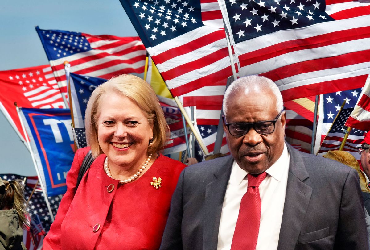 Virginia and Clarence Thomas | Supporters of the "Peoples Convoy" wave US flags as the truck convoy heads east on Interstate Highway 70, on March 1, 2022, near St. Jacob, Illinois (Photo illustration by Salon/Getty Images)