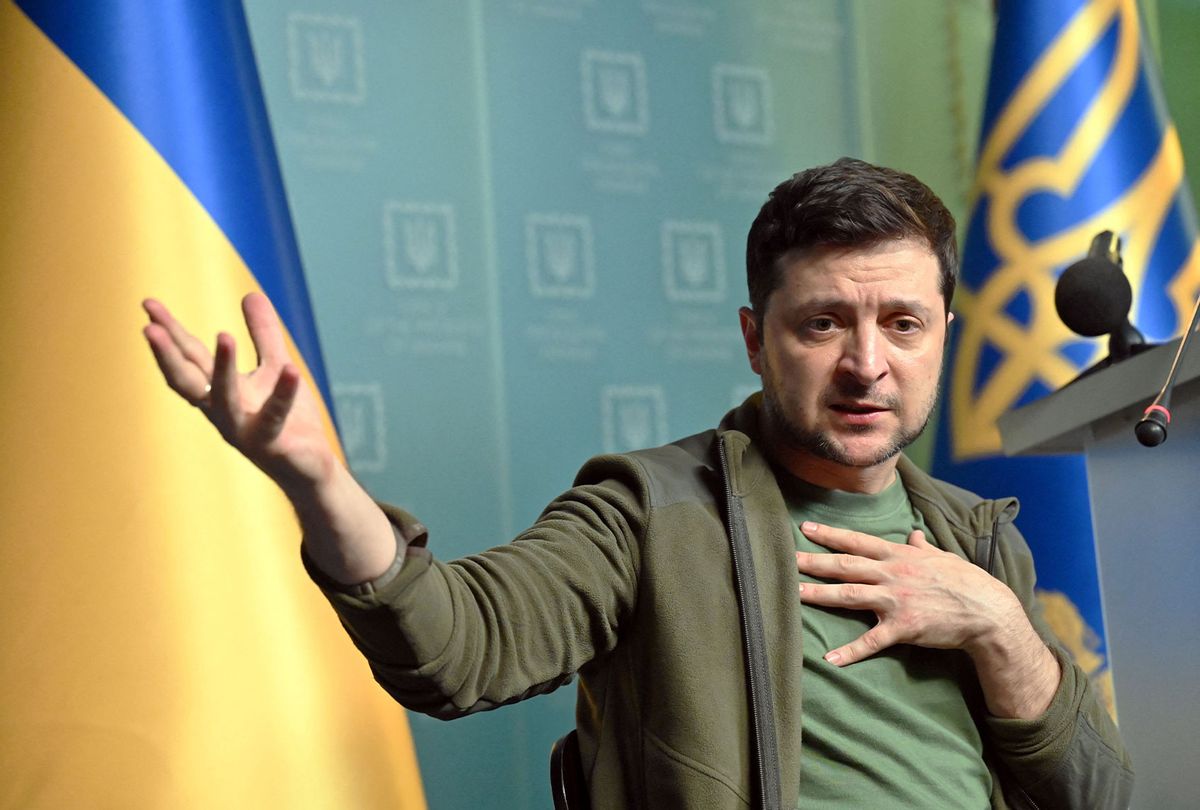 Ukrainian President Volodymyr Zelenskyy gestures as he speaks during a press conference in Kyiv on March 3, 2022. - Ukraine President Volodymyr Zelenskyy called on the West on March 3, 2022, to increase military aid to Ukraine, saying Russia would advance on the rest of Europe otherwise. "If you do not have the power to close the skies, then give me planes!" Zelenskyy said at a press conference. "If we are no more then, God forbid, Latvia, Lithuania, Estonia will be next," he said, adding: "Believe me." (SERGEI SUPINSKY/AFP via Getty Images)