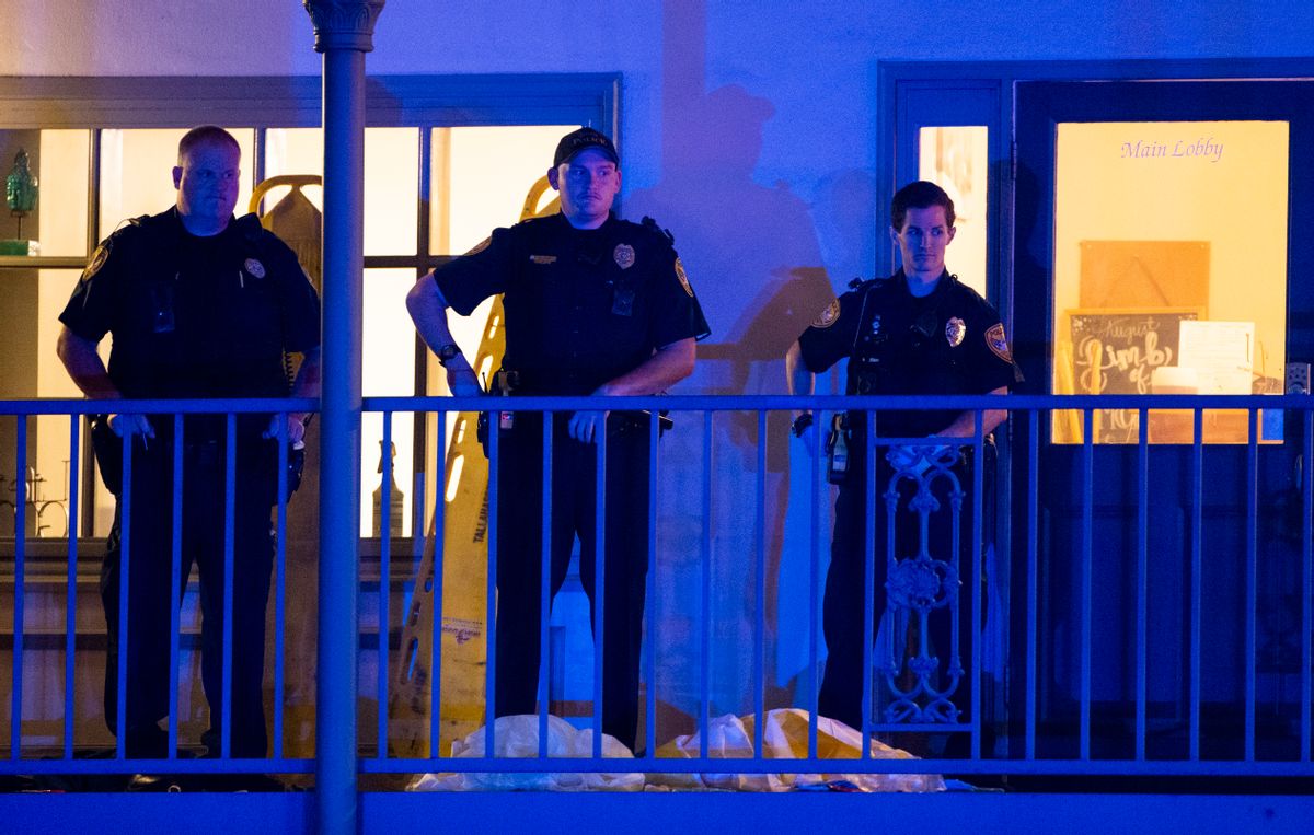 Tallahassee Police officers are stationed outside the HotYoga Studio after a gunman killed one person and injured several others inside on November 2, 2018 in Tallahassee, Florida. (Mark Wallheiser/Getty Images)
