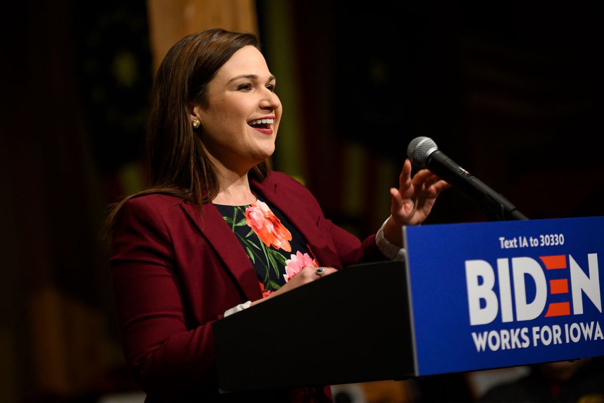 U.S. Rep. Abby Finkenauer (D-IA) introduces Democratic presidential candidate, former Vice President Joe Biden, on January 3, 2020 in Independence, Iowa. (Stephen Maturen/Getty Images)