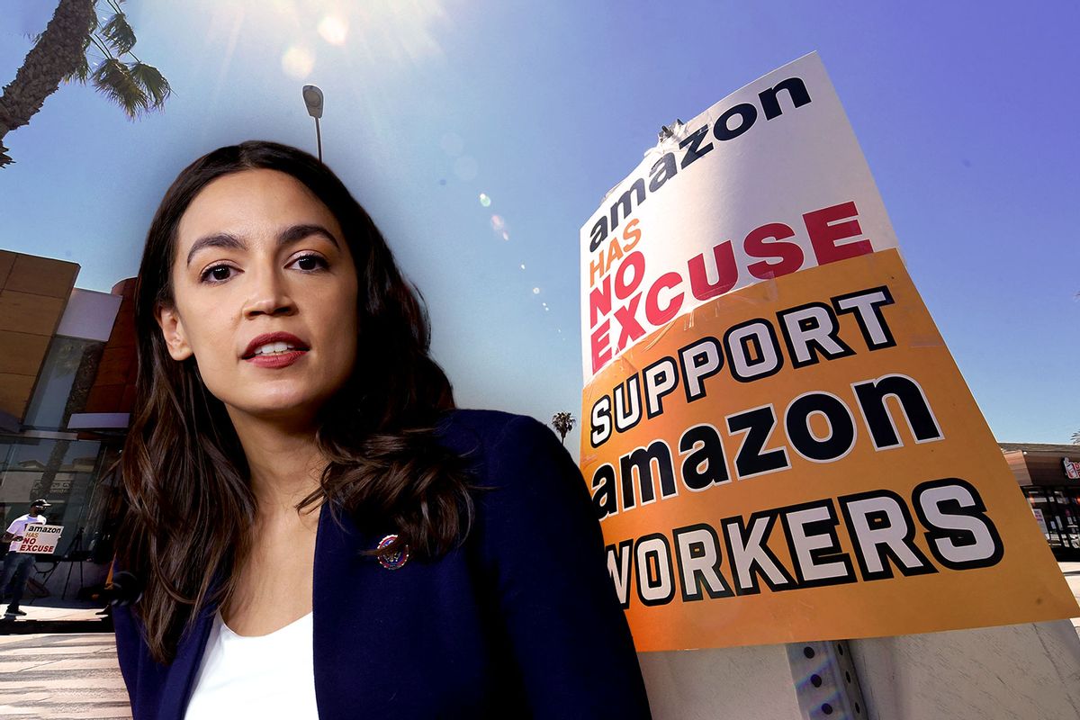 Alexandria Ocasio-Cortez | Supporters of Amazon workers protest in front of Fidelity Investments, one of the company's largest shareholders on May 24, 2021 in Santa Monica, California. (Photo illustration by Salon/Getty Images)