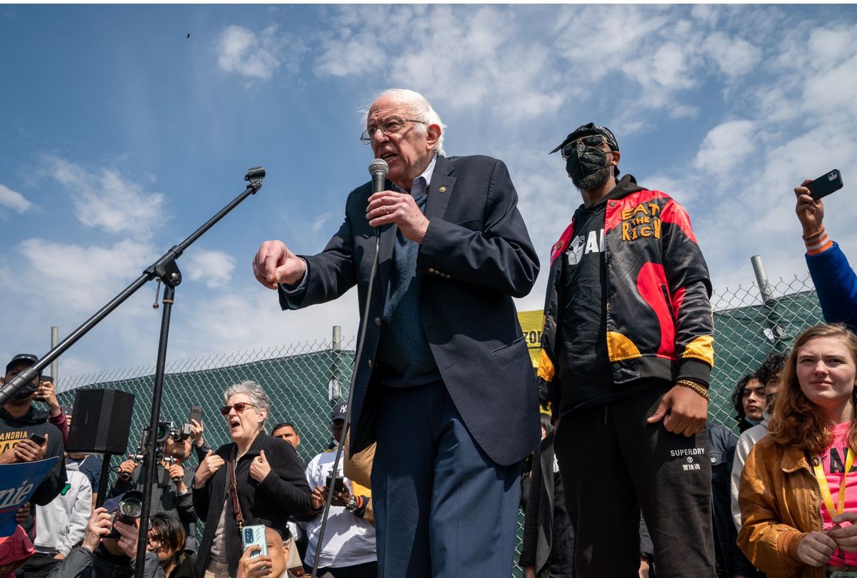 Sen. Bernie Sanders (I-VT) speaks at an Amazon Labor Union rally on April 24, 2022 in New York City. (Photo by David Dee Delgado/Getty Images)