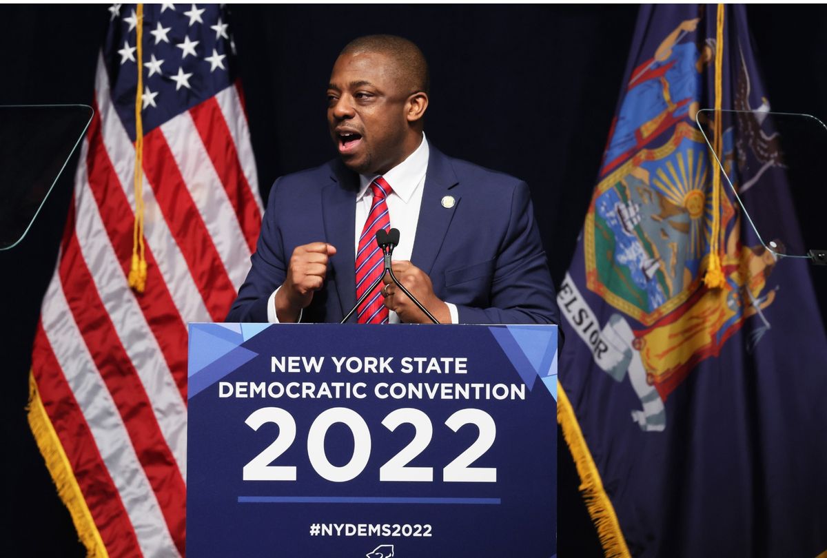 NEW YORK, NEW YORK - FEBRUARY 17: New York Lt. Gov. Brian Benjamin speaks during the 2022 New York State Democratic Convention at the Sheraton New York Times Square Hotel on February 17, 2022 in New York City. (Photo by Michael M. Santiago/Getty Images)