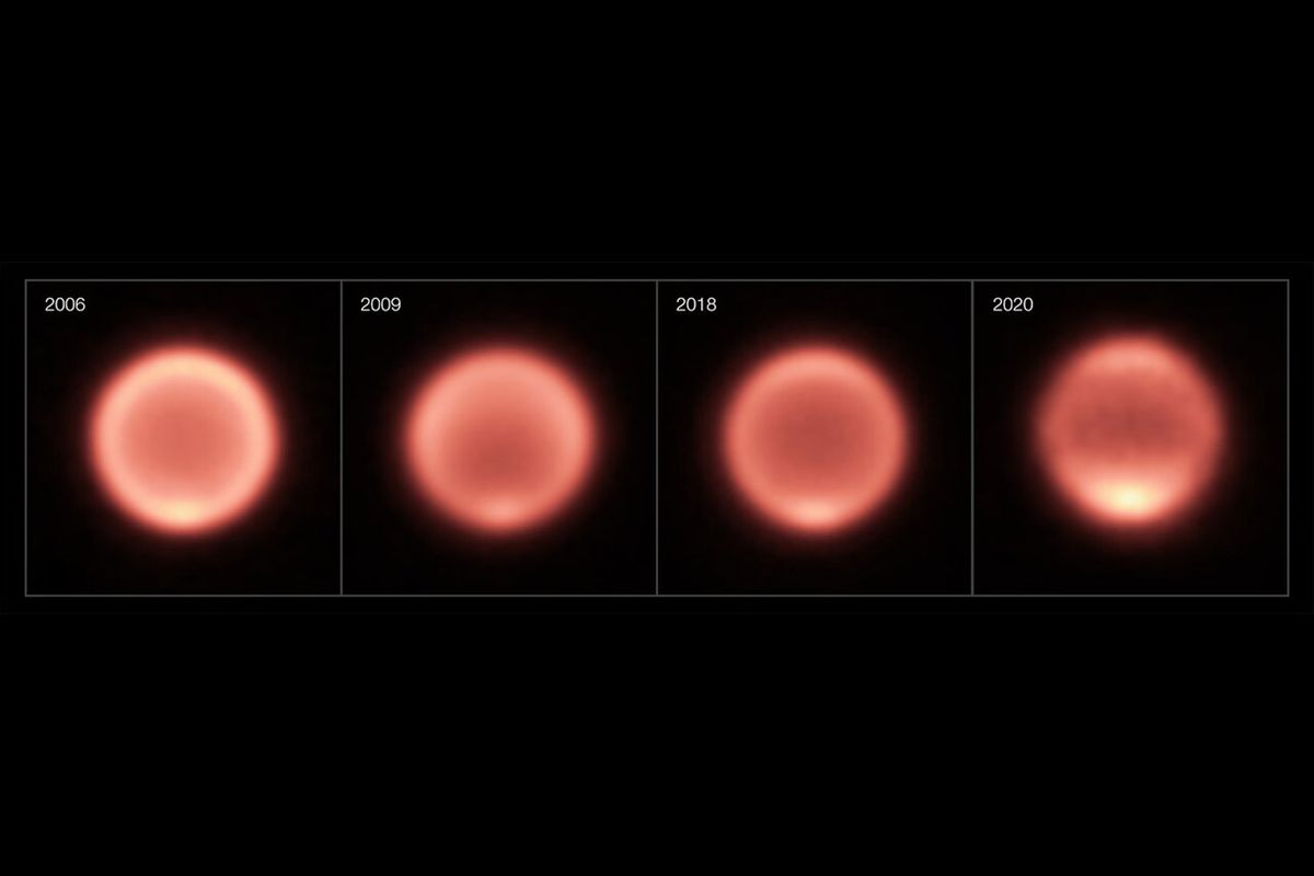 Thermal images of Neptune taken between 2006 and 2020. (ESO/M. Roman, NAOJ/Subaru/COMICS)