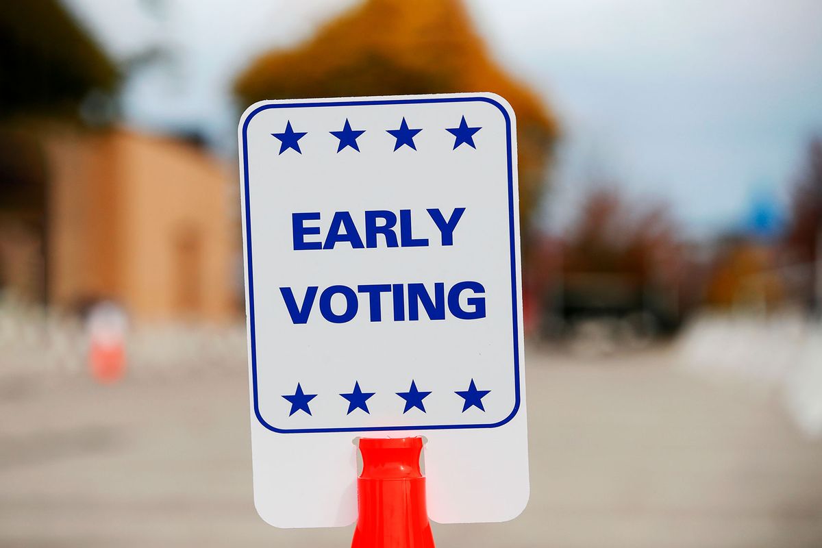 A sign is seen outside City Hall on the first day of in-person early voting for the November 3rd elections in Kenosha, Wisconsin, on October 20, 2020. (KAMIL KRZACZYNSKI/AFP via Getty Images)