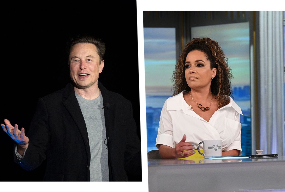 Elon Musk gestures as he speaks during a press conference at SpaceX's Starbase facility near Boca Chica Village in South Texas on February 10, 2022. | Sunny Hostin on "The View" (Photo illustration by Salon/Getty Images/Jim Watson/ABC/Lorenzo Bevilaqua)
