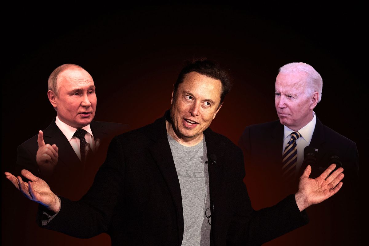 Elon Musk, Vladimir Putin and Joe Biden (Photo illustration by Salon/Getty Images)