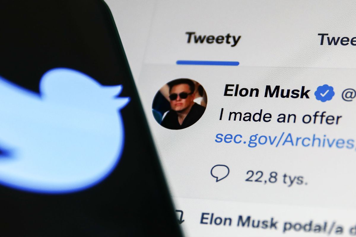 Elon Musk's Tweet displayed on a screen and Twitter logo displayed on a phone screen are seen in this illustration photo taken in Krakow, Poland on April 14, 2022. (Jakub Porzycki/NurPhoto via Getty Images)