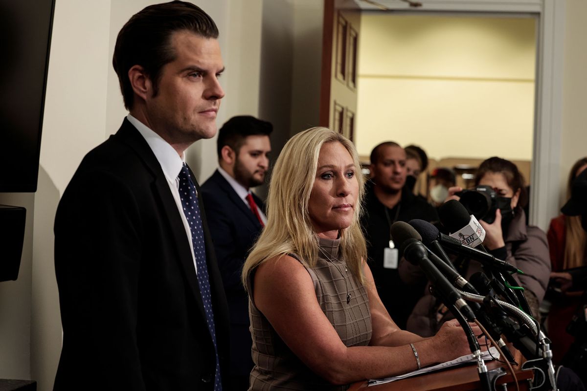 U.S. Rep. Matt Gaetz (R-FL) and Rep. Marjorie Taylor Greene (R-GA) speak at a news conference on Republican lawmakers' response to the January 6th attack on the U.S. Capitol on January 06, 2022 in Washington, DC. During the news conference, Gaetz and Greene said that federal agents were allegedly present during the insurrection and the ones inciting the riot. (Anna Moneymaker/Getty Images)