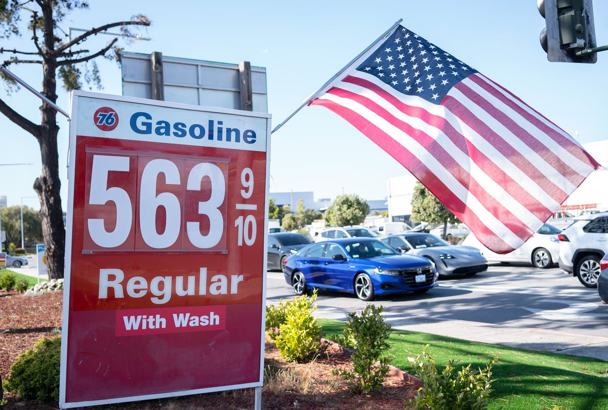 Gasoline prices are displayed at a gas station on April 12, 2022 in San Mateo County, California. (Liu Guanguan/China News Service via Getty Images))