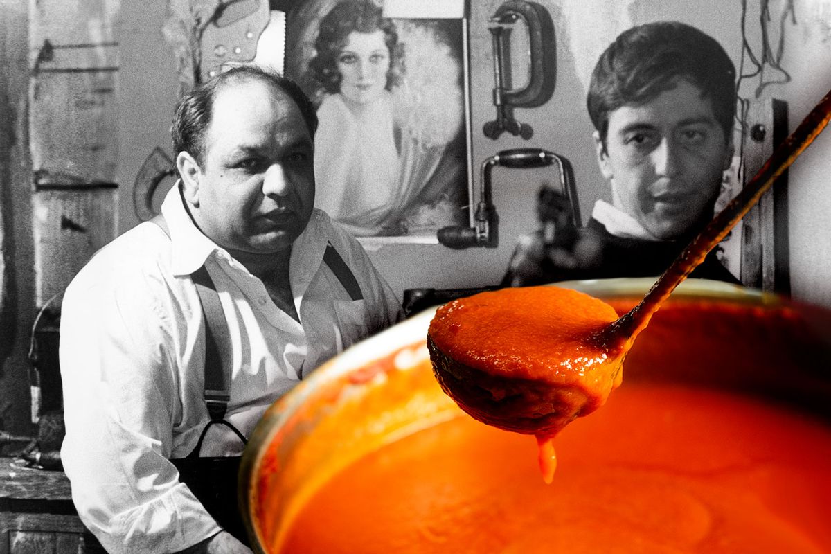 Richard S Castellano watching Al Pacino aim gun in a scene from the film 'The Godfather', 1972. | Saucepan with tomato sauce (Photo illustration by Salon/nito100/Paramount/Getty Images)