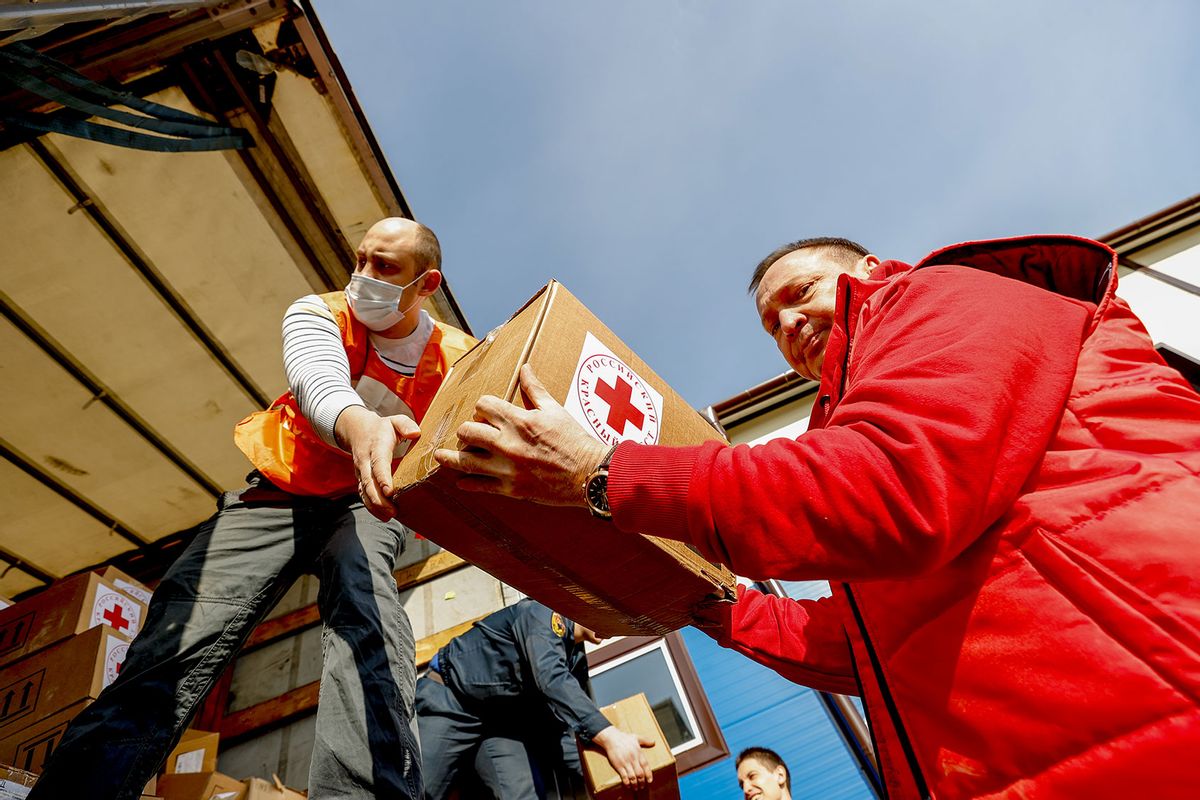 Volunteering teams organize humanitarian aid for civilians evacuated from Donbas region amid the growing tension as Russia recognized Ukraine's breakaway regions of Luhansk and Donetsk as independent states on February 22, 2022, in Rostov-on-Don, Russia. (Sefa Karacan/Anadolu Agency via Getty Images)