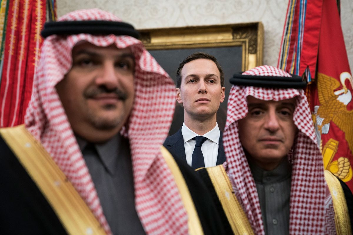 White House senior adviser Jared Kushner stands among Saudi officials as President Donald Trump talks with Crown Prince Mohammad bin Salman of the Kingdom of Saudi Arabia during a meeting in the Oval Office at the White House on Tuesday, March 20, 2018 in Washington, DC. (Jabin Botsford/The Washington Post via Getty Images)