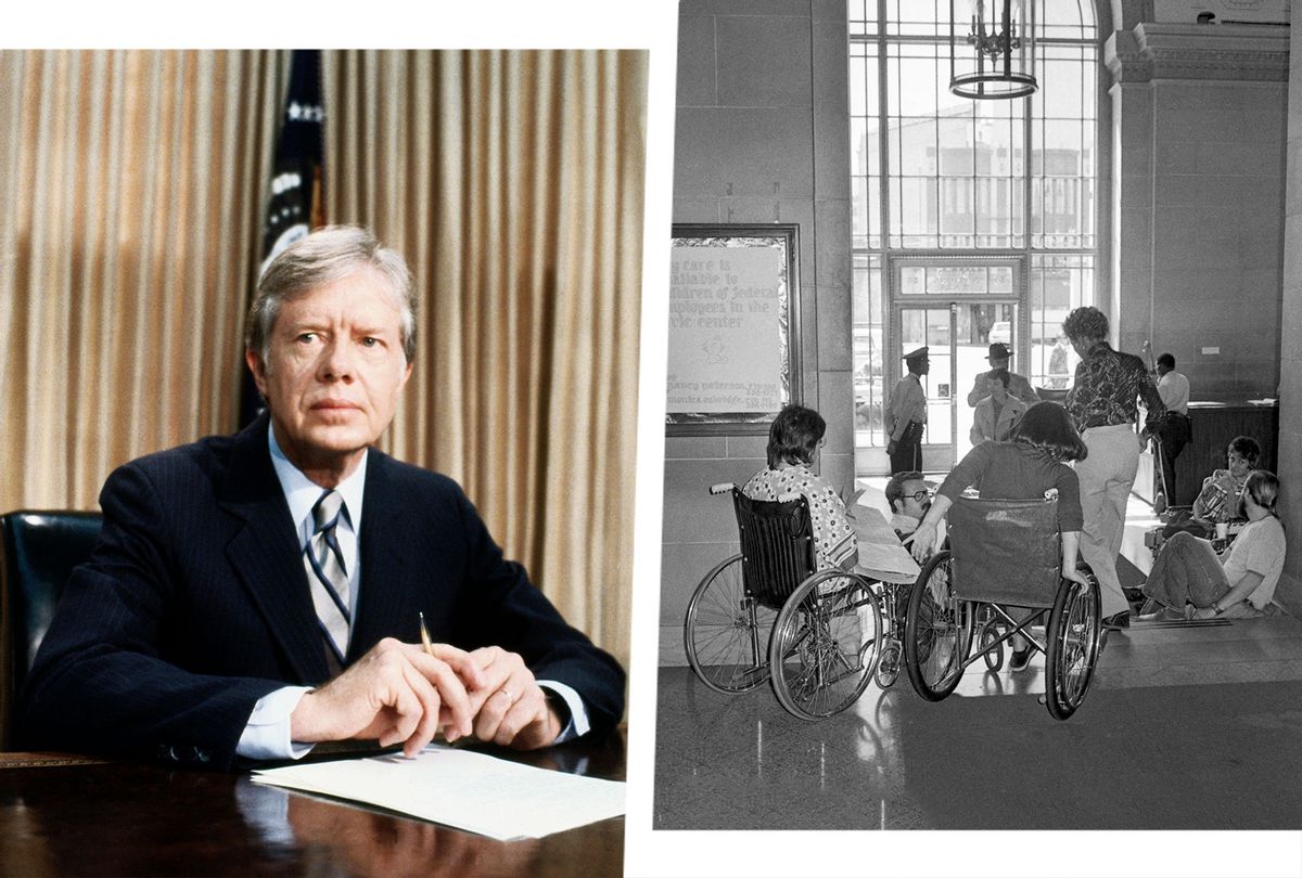 President Jimmy Carter, seated at desk in Oval Office of White House | Demonstrators in wheelchairs picket lobby of the Federal Building as they concluded their first week of a sit-in in offices of HEW department, in protest of the Carter Administration policies. The demonstration has been entirely peaceful. (Photo illustration by Salon/Getty Images)