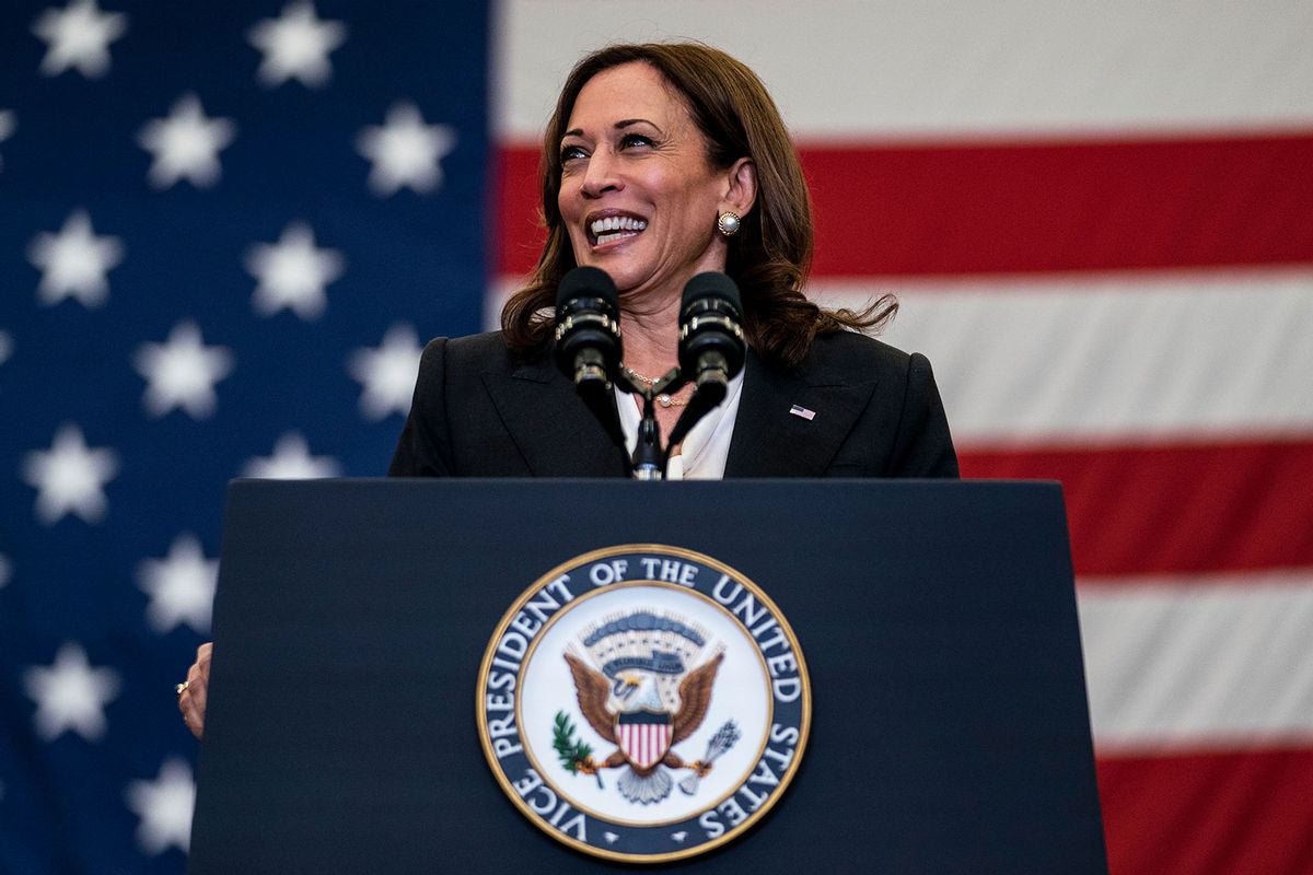 Vice President Kamala Harris delivers remarks during a visit to Vandenberg Space Force Base on April 18, 2022 in California. (Kent Nishimura / Los Angeles Times via Getty Images)