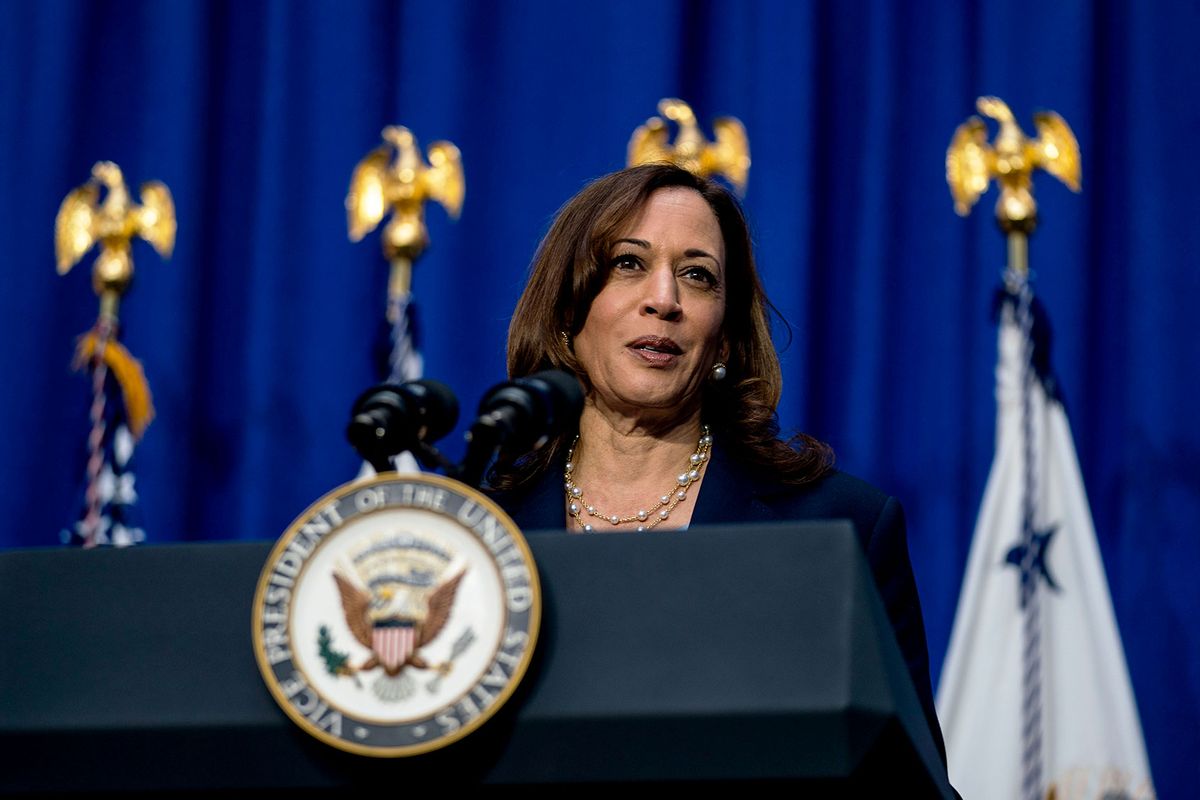 Vice President Kamala Harris delivers remarks following a visit with expecting families and caregivers at UCSF Mission Bay on April 21, 2022 in San Francisco, CA. (Kent Nishimura / Los Angeles Times via Getty Images)